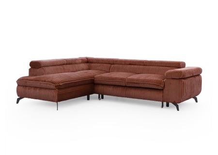 Bonnie - Ecksofa mit Schlaffunktion und Bettkasten aus Cord-Stoff mit verstellbaren Kopfstützen und Armlehne