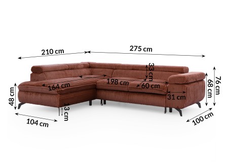 Bonnie - Ecksofa mit Schlaffunktion und Bettkasten aus Cord-Stoff mit verstellbaren Kopfstützen und Armlehne