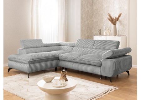 Bonnie - Ecksofa mit Schlaffunktion und Bettkasten aus Cord-Stoff mit verstellbaren Kopfstützen und Armlehne