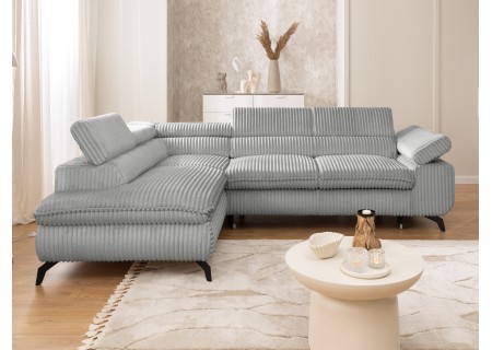 Bonnie - Ecksofa mit Schlaffunktion und Bettkasten aus Cord-Stoff mit verstellbaren Kopfstützen und Armlehne