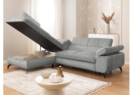 Bonnie - Ecksofa mit Schlaffunktion und Bettkasten aus Cord-Stoff mit verstellbaren Kopfstützen und Armlehne