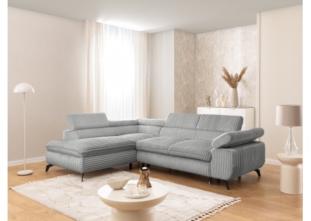 Bonnie - Ecksofa mit Schlaffunktion und Bettkasten aus Cord-Stoff mit verstellbaren Kopfstützen und Armlehne