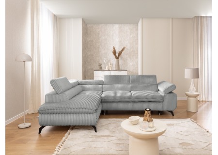 Bonnie - Ecksofa mit Schlaffunktion und Bettkasten aus Cord-Stoff mit verstellbaren Kopfstützen und Armlehne