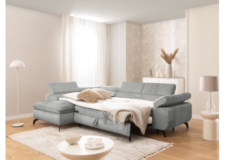 Bonnie - Ecksofa mit Schlaffunktion und Bettkasten aus Cord-Stoff mit verstellbaren Kopfstützen und Armlehne