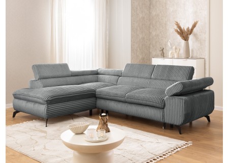 Bonnie - Ecksofa mit Schlaffunktion und Bettkasten aus Cord-Stoff mit verstellbaren Kopfstützen und Armlehne