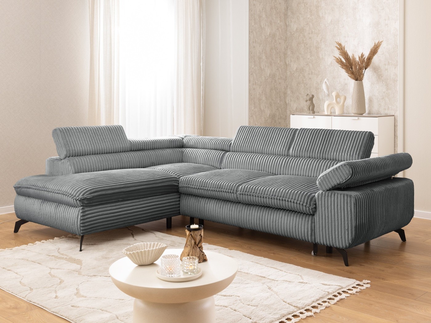 Bonnie - Ecksofa mit Schlaffunktion und Bettkasten aus Cord-Stoff mit verstellbaren Kopfstützen und Armlehne