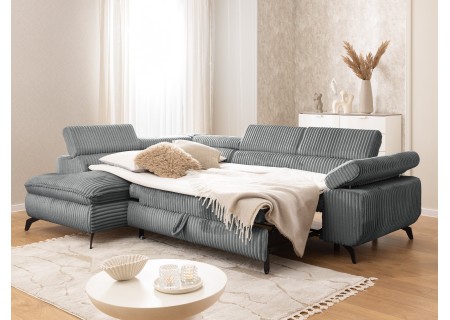 Bonnie - Ecksofa mit Schlaffunktion und Bettkasten aus Cord-Stoff mit verstellbaren Kopfstützen und Armlehne