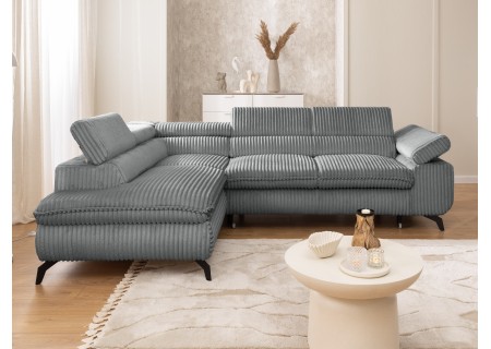 Bonnie - Ecksofa mit Schlaffunktion und Bettkasten aus Cord-Stoff mit verstellbaren Kopfstützen und Armlehne