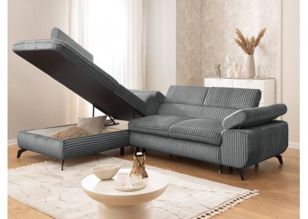 Bonnie - Ecksofa mit Schlaffunktion und Bettkasten aus Cord-Stoff mit verstellbaren Kopfstützen und Armlehne