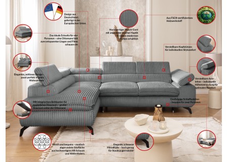 Bonnie - Ecksofa mit Schlaffunktion und Bettkasten aus Cord-Stoff mit verstellbaren Kopfstützen und Armlehne