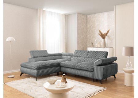 Bonnie - Ecksofa mit Schlaffunktion und Bettkasten aus Cord-Stoff mit verstellbaren Kopfstützen und Armlehne