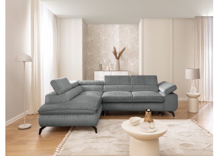 Bonnie - Ecksofa mit Schlaffunktion und Bettkasten aus Cord-Stoff mit verstellbaren Kopfstützen und Armlehne