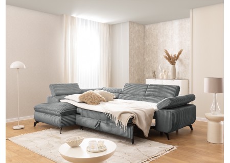Bonnie - Ecksofa mit Schlaffunktion und Bettkasten aus Cord-Stoff mit verstellbaren Kopfstützen und Armlehne