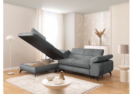 Bonnie - Ecksofa mit Schlaffunktion und Bettkasten aus Cord-Stoff mit verstellbaren Kopfstützen und Armlehne