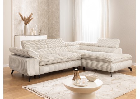 Bonnie - Ecksofa mit Schlaffunktion und Bettkasten aus Cord-Stoff mit verstellbaren Kopfstützen und Armlehne