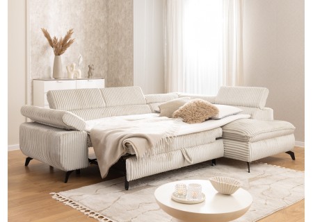 Bonnie - Ecksofa mit Schlaffunktion und Bettkasten aus Cord-Stoff mit verstellbaren Kopfstützen und Armlehne