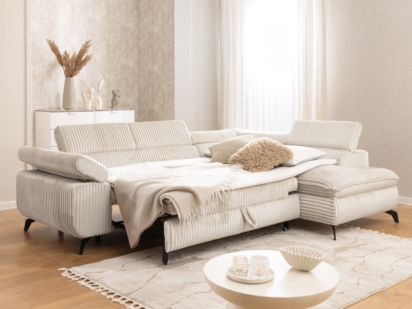 Bonnie - Ecksofa mit Schlaffunktion und Bettkasten aus Cord-Stoff mit verstellbaren Kopfstützen und Armlehne