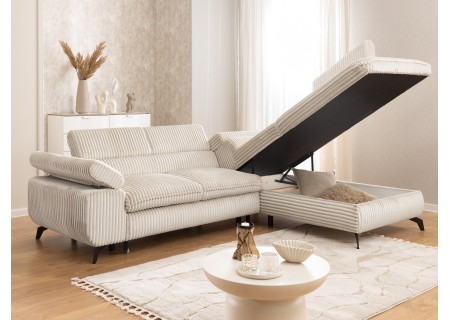 Bonnie - Ecksofa mit Schlaffunktion und Bettkasten aus Cord-Stoff mit verstellbaren Kopfstützen und Armlehne