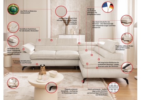 Bonnie - Ecksofa mit Schlaffunktion und Bettkasten aus Cord-Stoff mit verstellbaren Kopfstützen und Armlehne