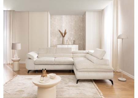 Bonnie - Ecksofa mit Schlaffunktion und Bettkasten aus Cord-Stoff mit verstellbaren Kopfstützen und Armlehne