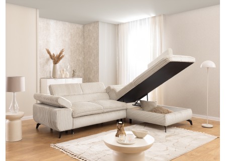 Bonnie - Ecksofa mit Schlaffunktion und Bettkasten aus Cord-Stoff mit verstellbaren Kopfstützen und Armlehne