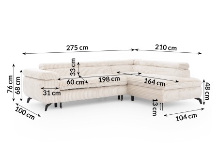 Bonnie - Ecksofa mit Schlaffunktion und Bettkasten aus Cord-Stoff mit verstellbaren Kopfstützen und Armlehne