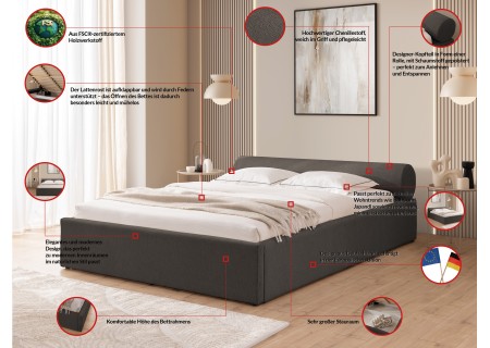 Josy - Designer-Polsterbett mit zylinderförmigem gepolstertem Kopfteil aus Chenille-Stoff mit Lattenrost und großem Bettkasten