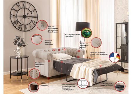 Cleo Blink - Chesterfield 2-Sitzer Sofa mit Schlaffunktion aus Samt mit Kristallsteppung und braunen Massivholzfüßen