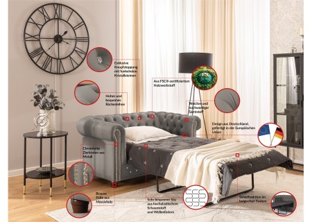 Cleo Blink - Chesterfield 2-Sitzer Sofa mit Schlaffunktion aus Samt mit Kristallsteppung und braunen Massivholzfüßen