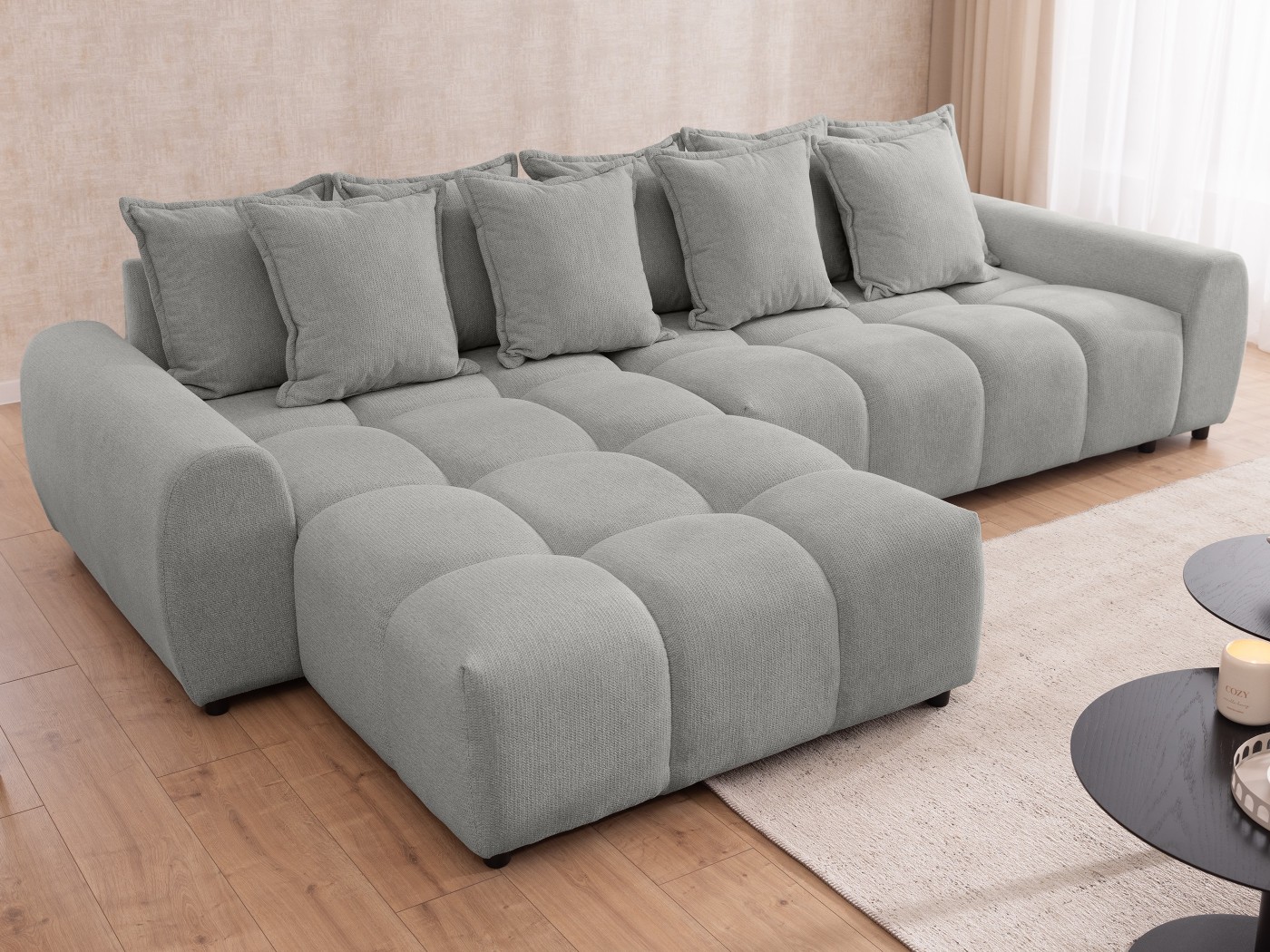 Bubble - Ecksofa mit losen Rückenkissen und Sitzfläche in Bubble-Optik aus weichem Strukturstoff mit schöner Sitzkomfort