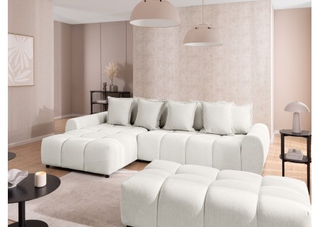 Bubble - Ecksofa mit Schlaffunktion und Hocker mit losen Rückenkissen und Sitzfläche in Bubble-Optik aus weichem Strukturstoff