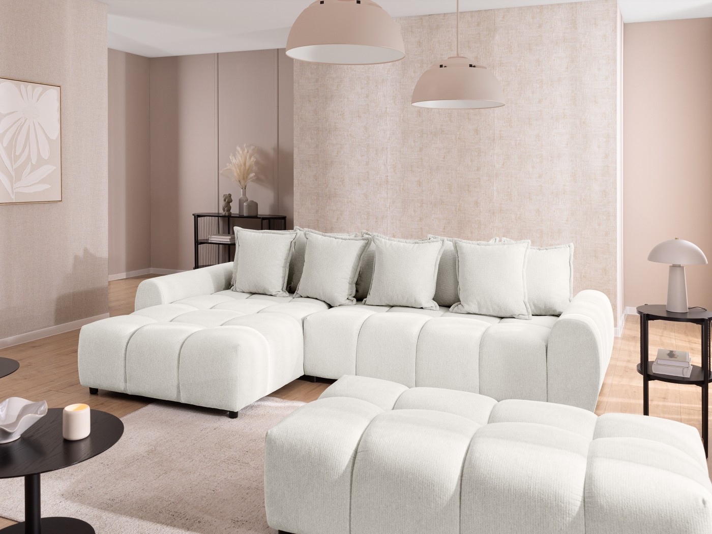 Bubble - Ecksofa mit Schlaffunktion und Hocker mit losen Rückenkissen und Sitzfläche in Bubble-Optik aus weichem Strukturstoff