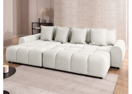 Bubble - Ecksofa mit Schlaffunktion und Hocker mit losen Rückenkissen und Sitzfläche in Bubble-Optik aus weichem Strukturstoff