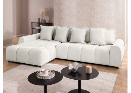 Bubble - Ecksofa mit Schlaffunktion und Hocker mit losen Rückenkissen und Sitzfläche in Bubble-Optik aus weichem Strukturstoff