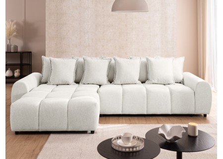 Bubble - Ecksofa mit Schlaffunktion und Hocker mit losen Rückenkissen und Sitzfläche in Bubble-Optik aus weichem Strukturstoff