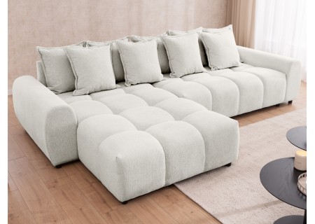 Bubble - Ecksofa mit Schlaffunktion und Hocker mit losen Rückenkissen und Sitzfläche in Bubble-Optik aus weichem Strukturstoff