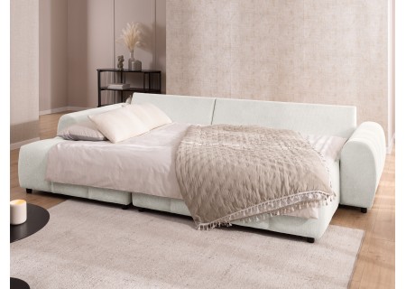 Bubble - Ecksofa mit Schlaffunktion und Hocker mit losen Rückenkissen und Sitzfläche in Bubble-Optik aus weichem Strukturstoff