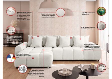 Bubble - Ecksofa mit Schlaffunktion und Hocker mit losen Rückenkissen und Sitzfläche in Bubble-Optik aus weichem Strukturstoff