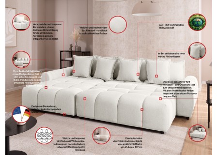 Bubble - Ecksofa mit Schlaffunktion und Hocker mit losen Rückenkissen und Sitzfläche in Bubble-Optik aus weichem Strukturstoff