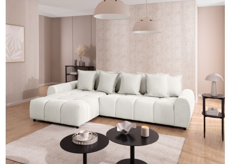 Bubble - Ecksofa mit Schlaffunktion und Hocker mit losen Rückenkissen und Sitzfläche in Bubble-Optik aus weichem Strukturstoff