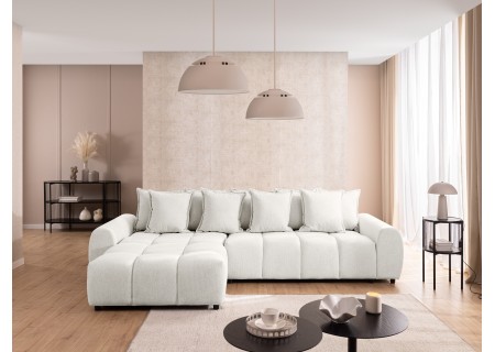 Bubble - Ecksofa mit Schlaffunktion und Hocker mit losen Rückenkissen und Sitzfläche in Bubble-Optik aus weichem Strukturstoff