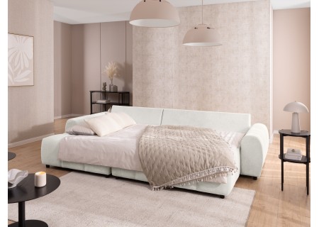 Bubble - Ecksofa mit Schlaffunktion und Hocker mit losen Rückenkissen und Sitzfläche in Bubble-Optik aus weichem Strukturstoff