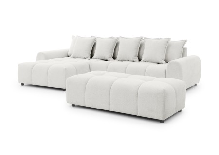 Bubble - Ecksofa mit Schlaffunktion und Hocker mit losen Rückenkissen und Sitzfläche in Bubble-Optik aus weichem Strukturstoff