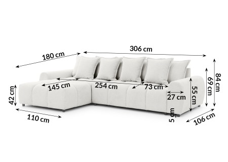 Bubble - Ecksofa mit Schlaffunktion und Hocker mit losen Rückenkissen und Sitzfläche in Bubble-Optik aus weichem Strukturstoff