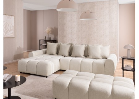 Bubble - Ecksofa mit Schlaffunktion und Hocker mit losen Rückenkissen und Sitzfläche in Bubble-Optik aus weichem Strukturstoff
