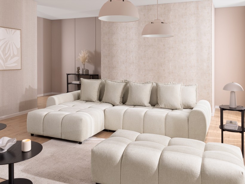 Bubble - Ecksofa mit Schlaffunktion und Hocker mit losen Rückenkissen und Sitzfläche in Bubble-Optik aus weichem Strukturstoff