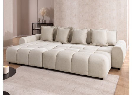 Bubble - Ecksofa mit Schlaffunktion und Hocker mit losen Rückenkissen und Sitzfläche in Bubble-Optik aus weichem Strukturstoff