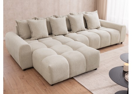 Bubble - Ecksofa mit Schlaffunktion und Hocker mit losen Rückenkissen und Sitzfläche in Bubble-Optik aus weichem Strukturstoff