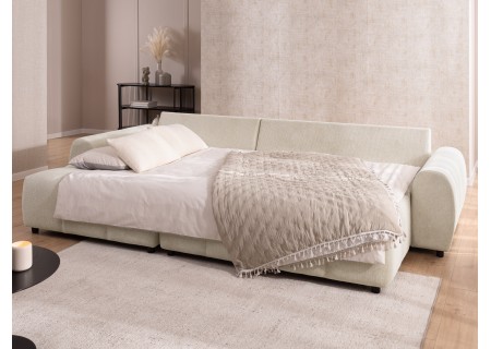 Bubble - Ecksofa mit Schlaffunktion und Hocker mit losen Rückenkissen und Sitzfläche in Bubble-Optik aus weichem Strukturstoff