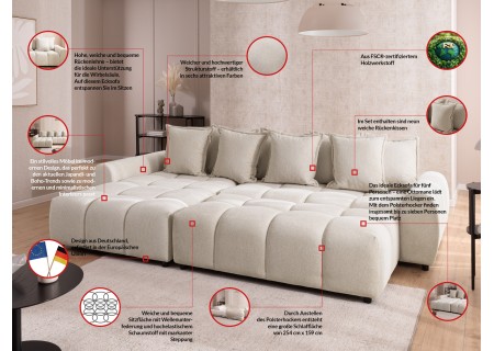 Bubble - Ecksofa mit Schlaffunktion und Hocker mit losen Rückenkissen und Sitzfläche in Bubble-Optik aus weichem Strukturstoff